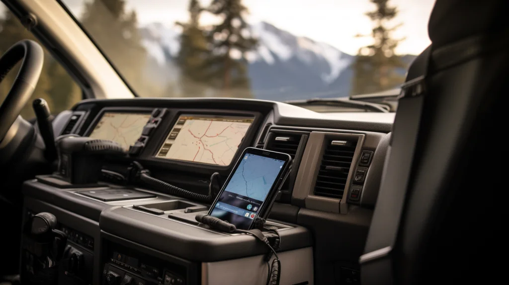 Interior of a truck cabin with a smartphone inside