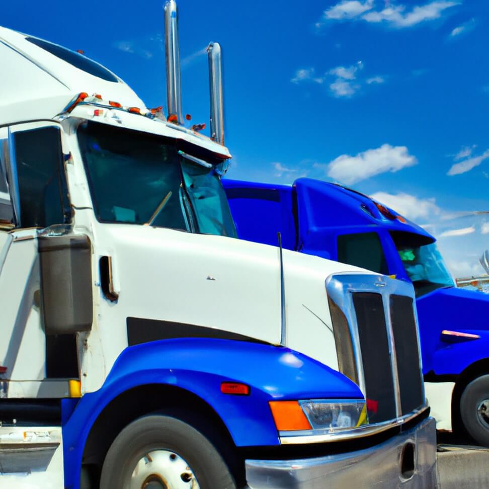 two blue and white trucks