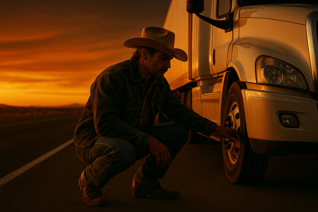 Cowboy in worn denim and a weathered hat crouches beside a white semi‑truck, carefully checking the front tire on an empty highway at sunset, capturing a Marlboro‑man vibe for the 2025 CVSA Roadcheck Week blog post.